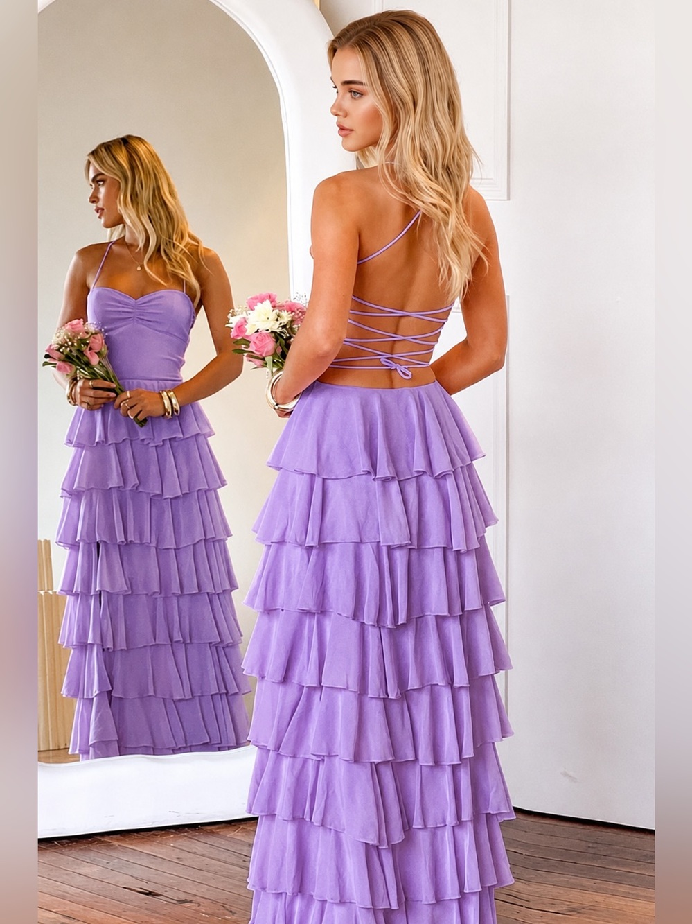 Lavender Tiered Ruffle Chiffon Lace-Up Back Formal Gown Size 2 NWOT